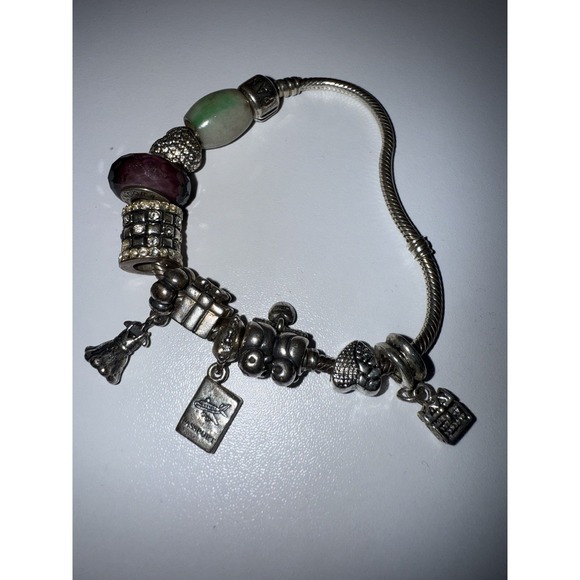 Pandora‎ Bracelet with 10 charms Sterling Silver Passport Dress HeartGift 8